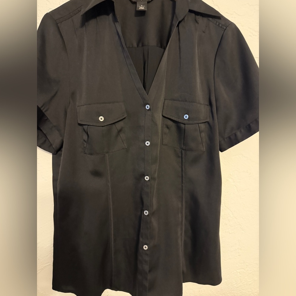 WHBM  Black Satin  Collared Shirt with button up front